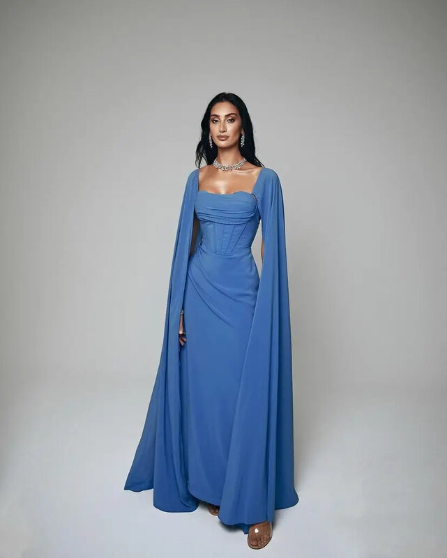 Einfache A-Linie Abendkleider Chiffon exquisite blaue schulter freie benutzer definierte Ballkleider formelle Gelegenheit Hochzeits feier Kleider