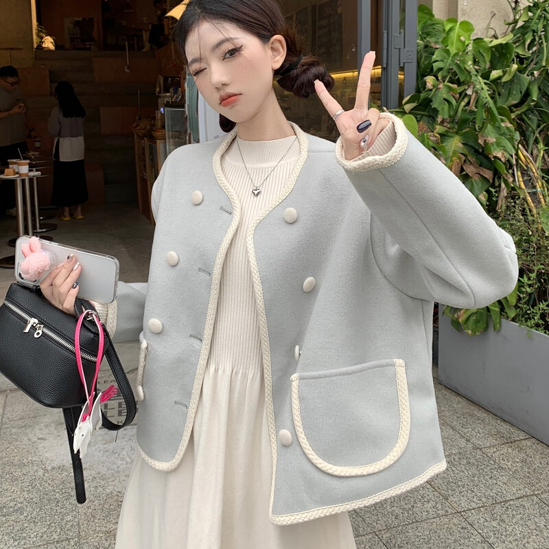 Korean Fashion 2 Piece Suit for Women Tweed Jacket Long Sleeve Single Breasted Top and Half-high Neck Knitted Long Dress Outfits