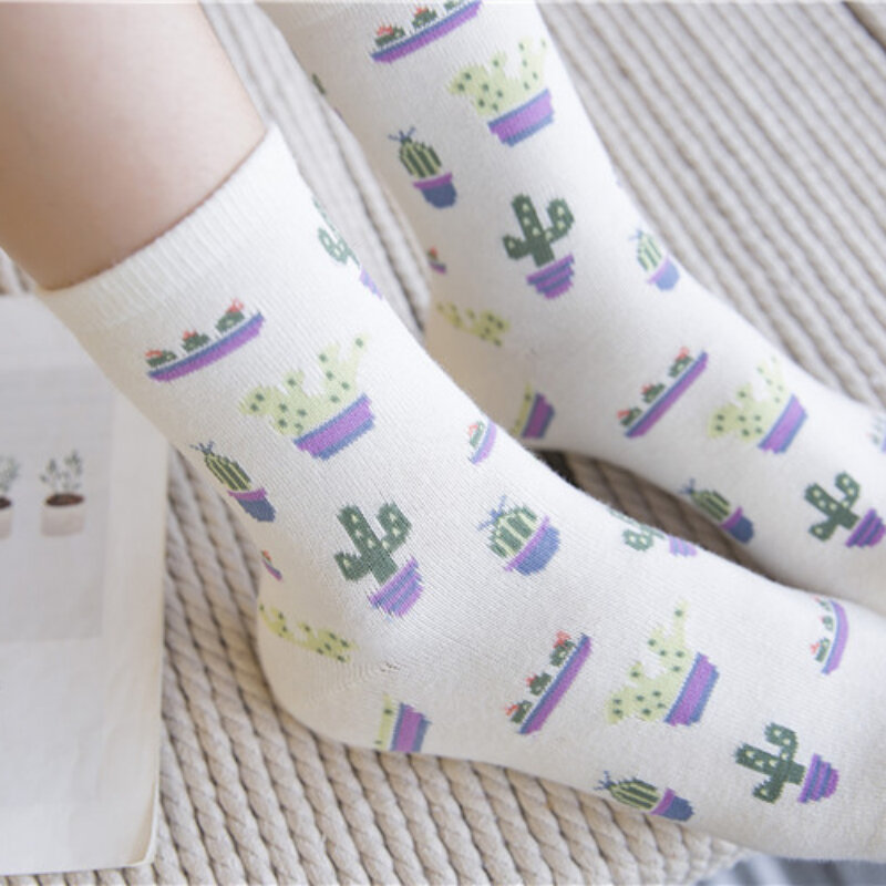 Womens Mid Length Socks Cotton Socks Girls Medium Length Socks Korean Version Plain Color Fresh Cactus All Cotton Breathable