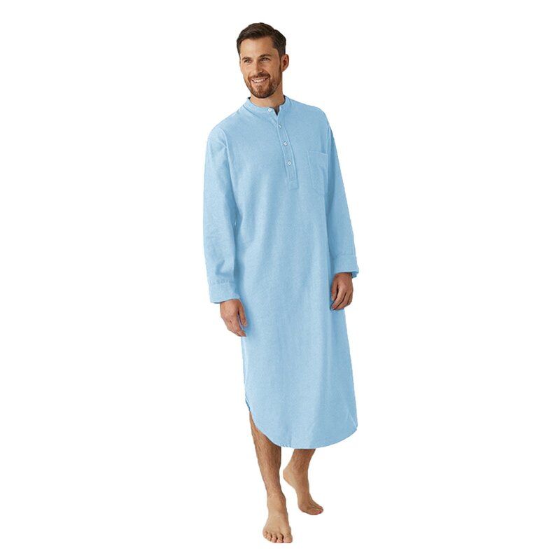 Camisola de manga longa de cor sólida masculina, roupões de algodão, gola O, vestido árabe étnico islâmico vintage masculino de lazer, 2024