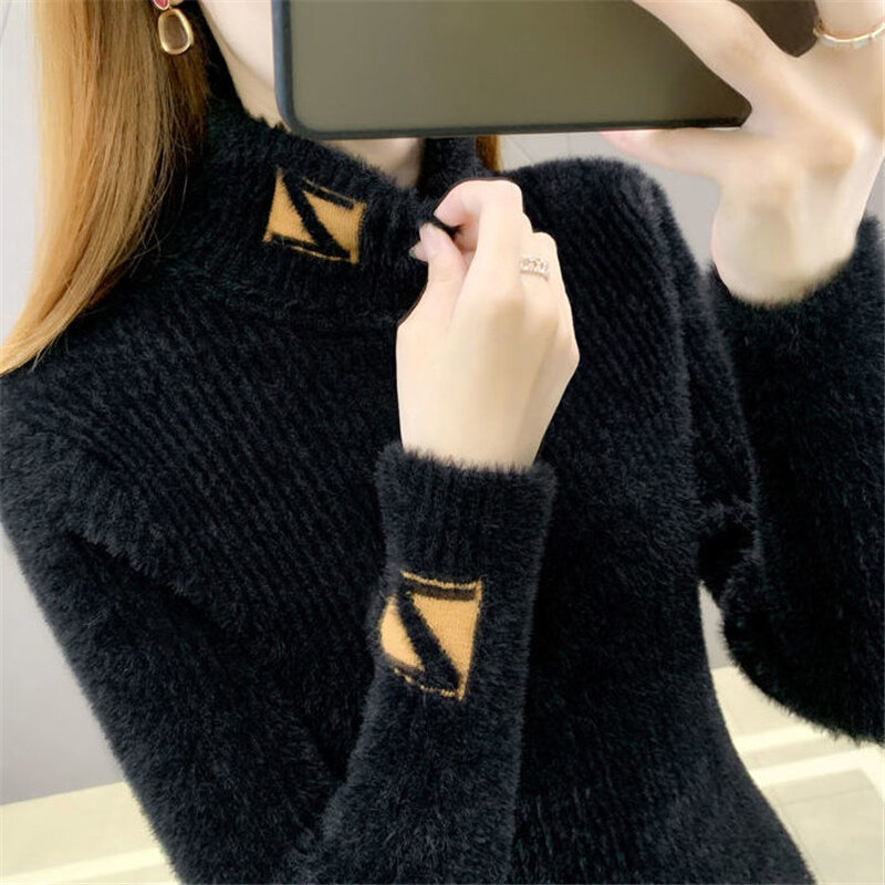 Autumn Winter Women Elegant Fashion Letter Jacquard Turtleneck Warm Knitted Sweater Korean Slim Long Sleeve Basic Pullovers Tops