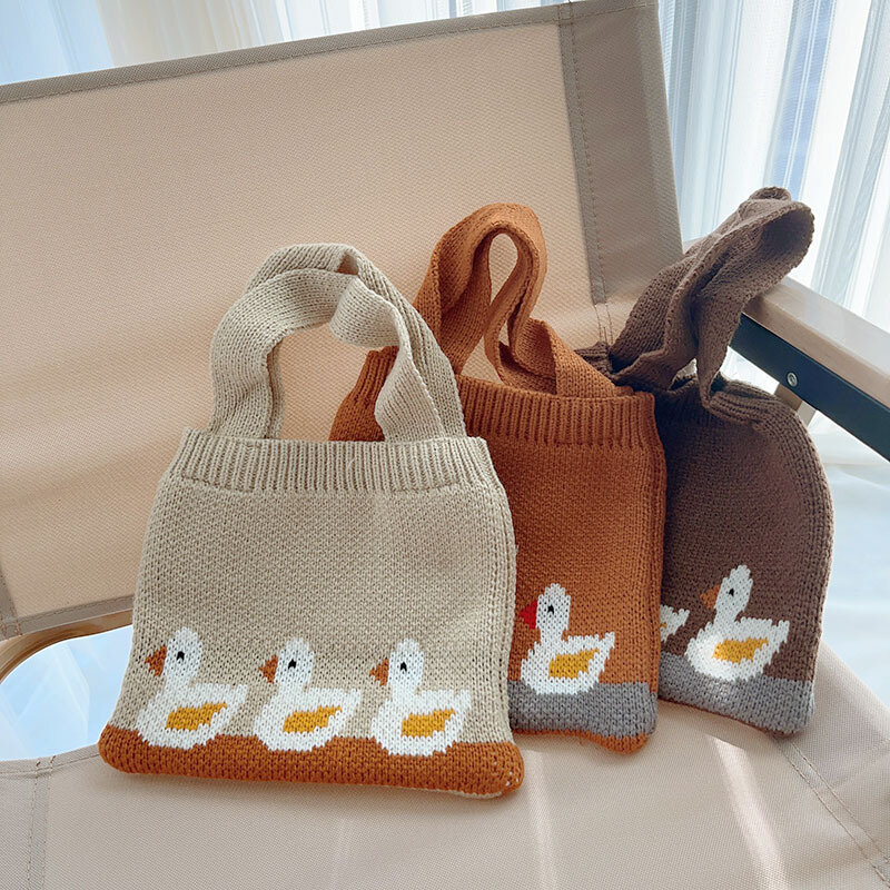 Tas jinjing anak-anak untuk anak perempuan kartun bebek tas rajut kecil musim gugur musim dingin tas anak tas tangan portabel tas penyimpanan koin makanan ringan