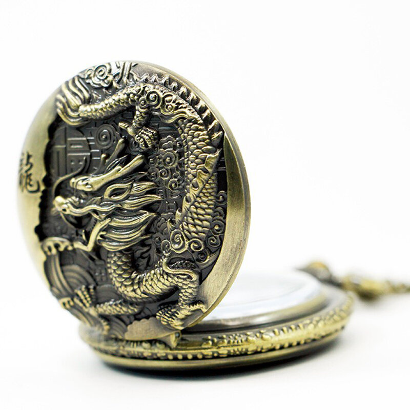 Grande bronze em relevo estilo chinês nostálgico retro grande dragão relógio de bolso