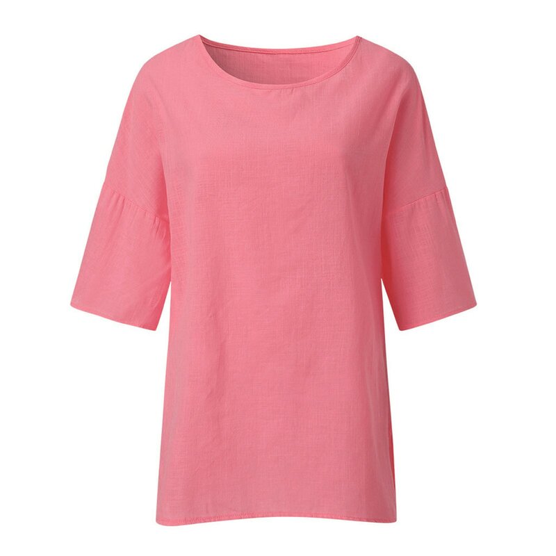 Summer Women's 3 Of 4 Sleeve Round Neck Solid Color Loose Tops Casual Fashion Cotton and Linen Shirts Blouses For Women