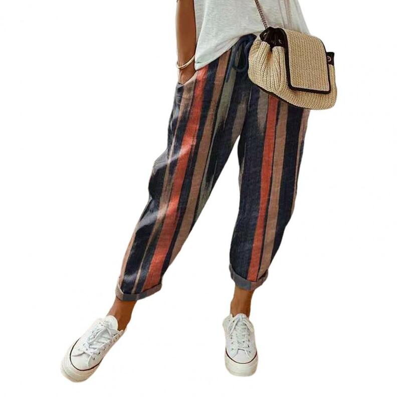 Celana panjang Retro wanita, celana longgar bergaris motif bunga dengan saku pinggang elastis longgar pas badan untuk perempuan
