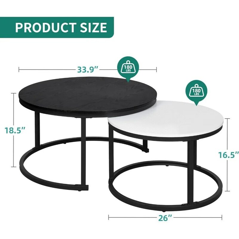 Tavolini nidificanti Set di 2, tavolino rotondo per soggiorno, tavolini in legno con robusta struttura in metallo, bianco e nero