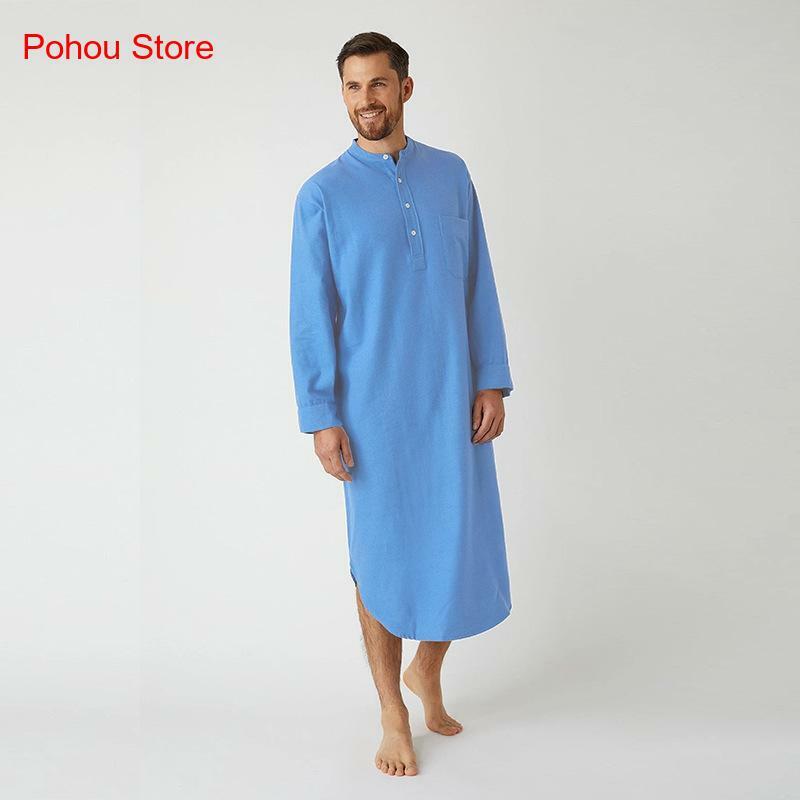 Frühling und Herbst muslimische arabische Nachthemd lang ärmel ige Knopf einfarbige Hemd lange Robe für Männer