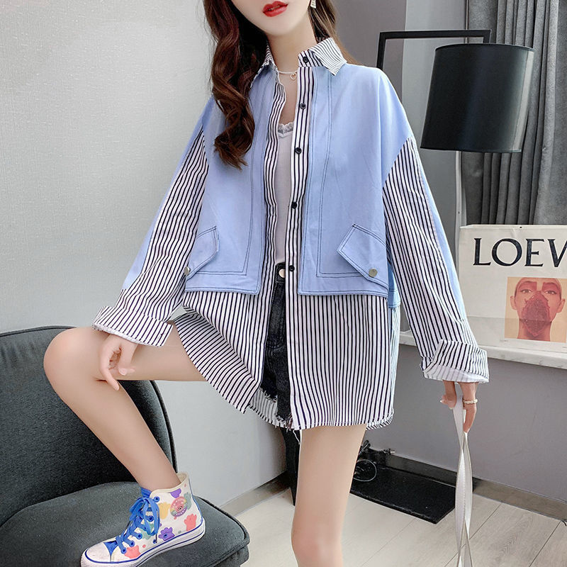 Striped Patchwork Fashion Fake Two Pieces Shirt Coat Spring Autumn Long Sleeve Loose Casual Polo-Neck Blouses Women's Clothing