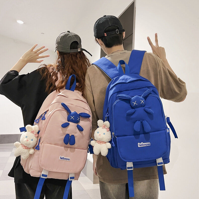 Рюкзак с кроликом и куклой, дизайнерский модный рюкзак для девочек, вместительная сумка для средней школы, милая Фотосумка, отправляются подвесные украшения