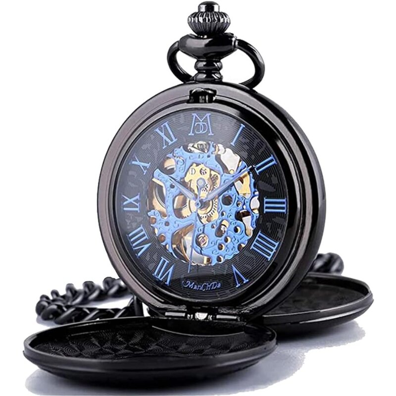 Reloj de bolsillo mecánico con solapa Retro, reloj de collar hueco con números romanos, esqueleto de bolsillo y Fob, reloj de bolsillo Vintage
