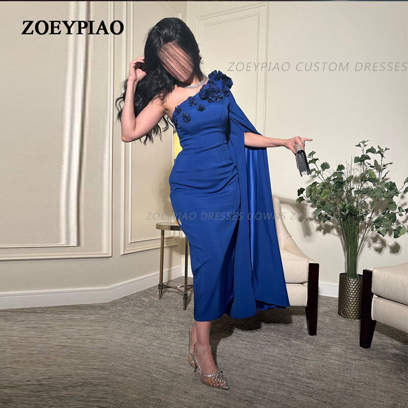 ロイヤルブルーのショートイブニングドレス,3Dフラワー,フォーマルプロムドレス,裸の肩,ダストウェア,送料無料