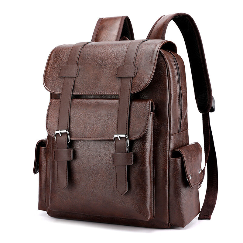 Leather Shoulder Backpack Waterproof Men Retro Large Capacity Casual Business Laptop Bags for Students Schoolbag Travel Fashion