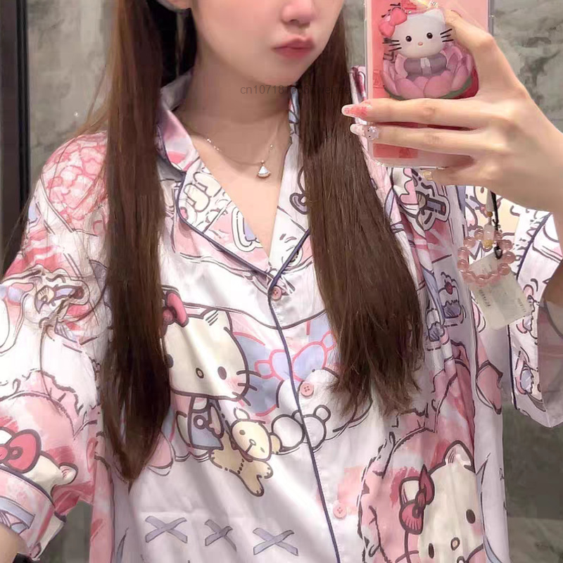 Sanrio Oversize Cute Hello Kitty Summer 2 Pcs Pajamas for Women's New Dormitory Short Pants Suits Girls Casual Home Clothes