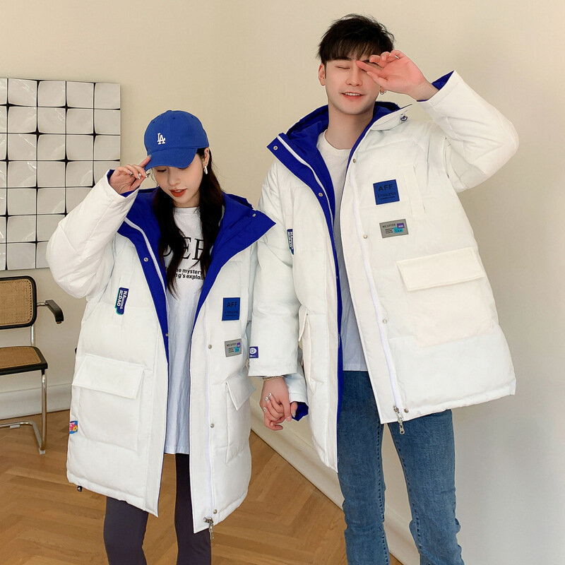 Wende-Daunen jacke für Männer und Frauen, mittellanger Winter-Baumwoll mantel, lose Straßen jacke für Paare im koreanischen Stil
