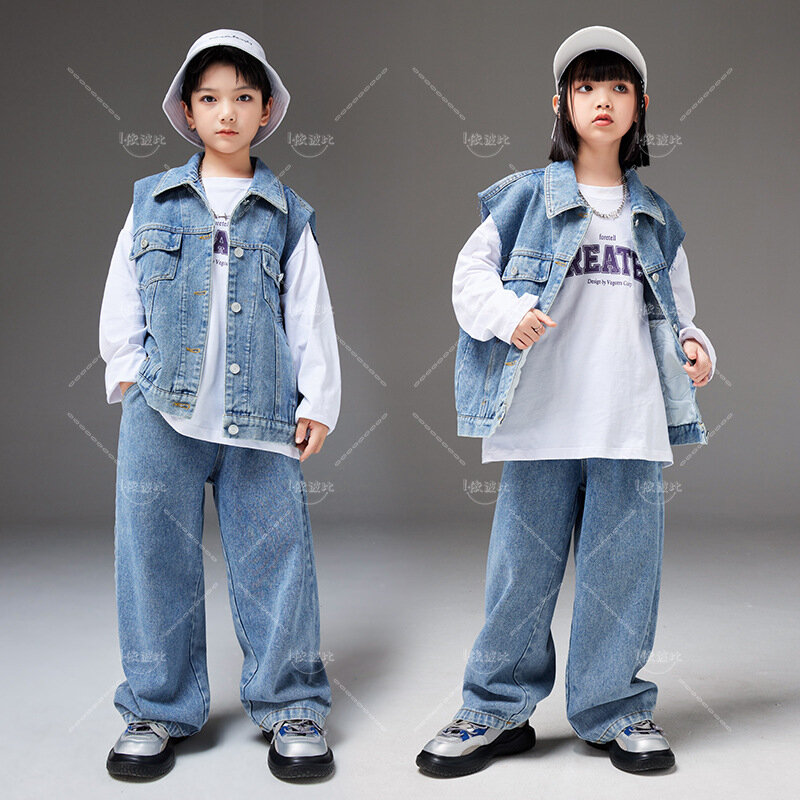 Nowe kostiumy do tańca ulicznego dla dziewczynek Chłopcy Performance Street Wear Kids Cool Hip Hop Denim Clothing Teen Stage Show Kpop Outfits