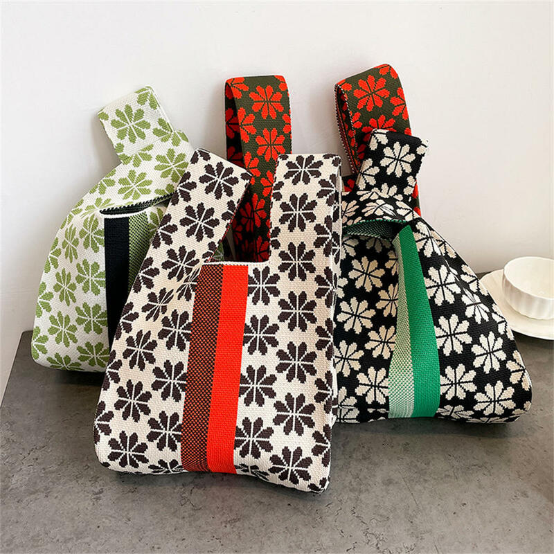 Handmade Knit Handbag Mulheres Mini Knot Wrist-bag Feminino Casual Cor Larga Listra Xadrez Tote Bag Estudante Reutilizável Saco de Compras