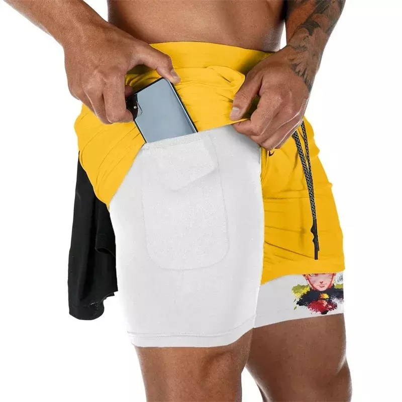 Pantalones cortos de compresión para hombre, Shorts 2 en 1 de secado rápido para gimnasio, correr, entrenamiento, Fitness, con bolsillo para teléfono