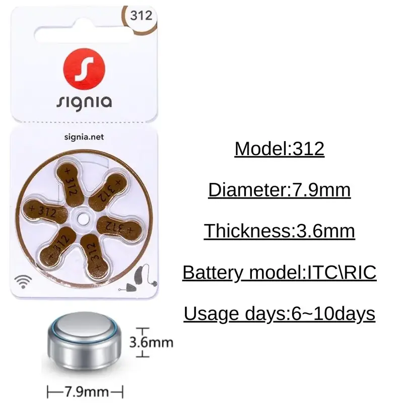 Hearing Aid Batteries Signia 60 PCS 1.45V High Performance 312 312A A312 PR41. Battery For BTE CIC RIC Hearing Aids