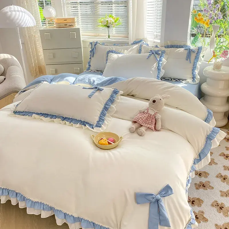 Gewaschene Baumwoll spitze und Quilt Set für Mädchen, Bettwäsche im Prinzessin-Stil, 4-teilig