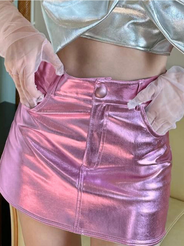 女性用ミニスカート,反射シルバーピンク,光沢のあるパテントレザーの衣服,ハイウエスト,セクシー,y2kの夏秋コレクション