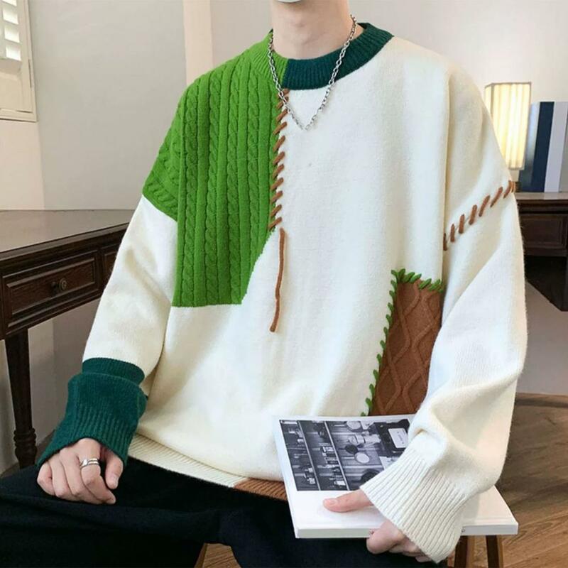 Maglione Pullover da uomo Versatile maglione da uomo lavorato a maglia accogliente con Pullover girocollo spesso stile caldo con contrasto per l'inverno