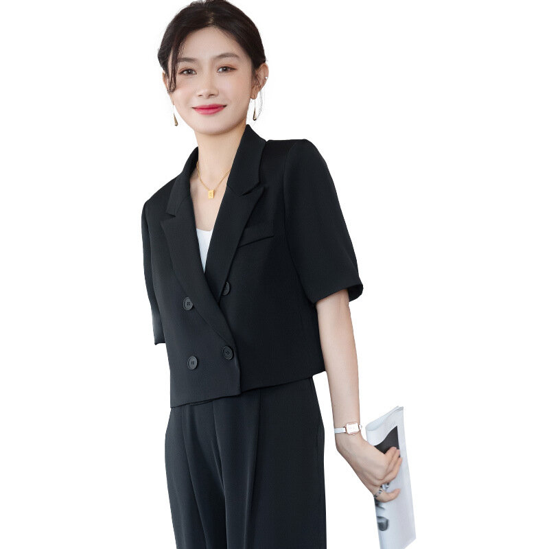 Женский офисный костюм, однотонный двубортный пиджак с отложным воротником и коротким рукавом и брюки в уличном стиле