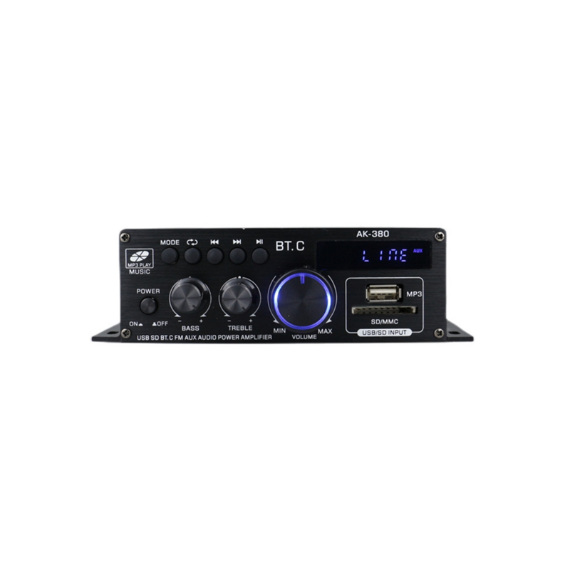 Amplificador de potência Ak380 para carro, estéreo Bluetooth, Home BASS, amplificador de áudio, leitor de música, classe D, FM, USB, SD, 800W, 12V