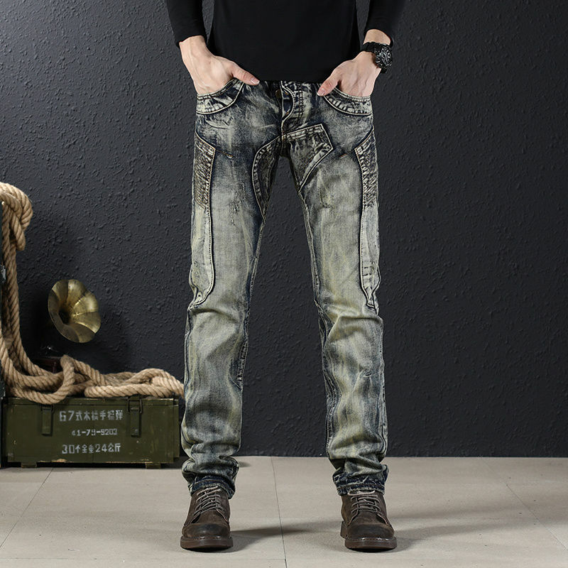 Высококачественные роскошные мужские повседневные джинсы на весну и осень, узкие джинсы, высококачественные Брендовые прямые брюки в стиле ретро с пэчворком, синие модные брюки