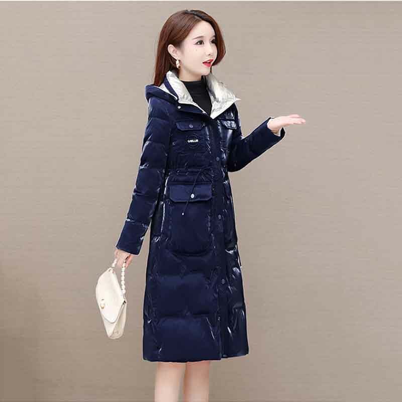 Versión coreana de plumón largo para mujer, moda Popular de invierno, estilo occidental, brillante, delgado, con capucha y bolsillo, novedad de 2023
