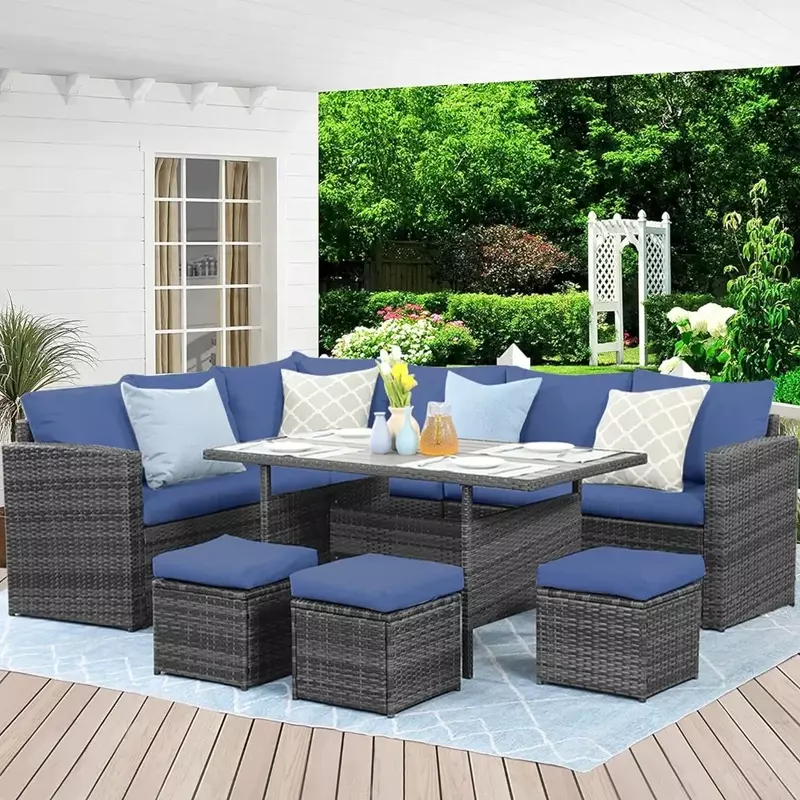 Terrassen möbelset, 7-teiliges Set Outdoor-Ess bereich Sofa mit Esstisch und Stühlen, ganztägiges Wicker-Gesprächs set