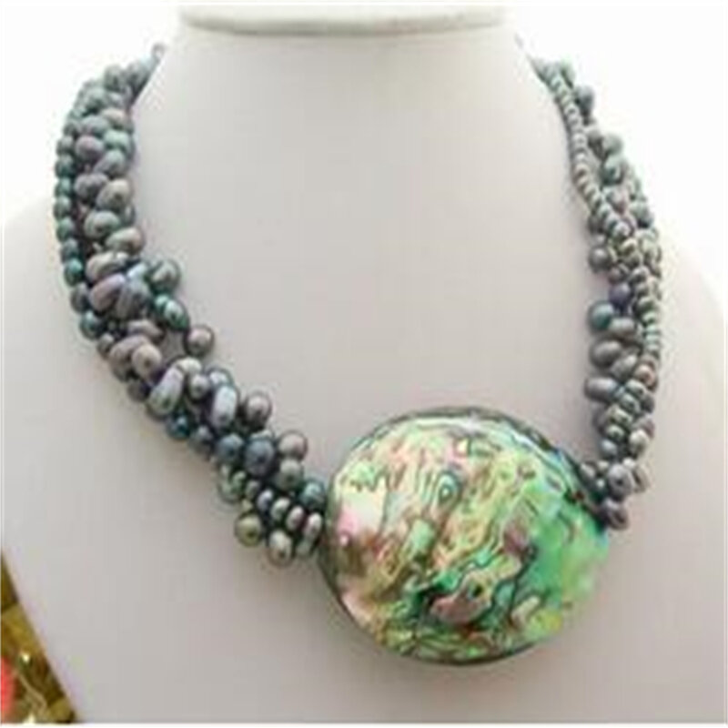 18" 4Strds Black Pearl&Paua Abalone Shell Necklace Free shipping