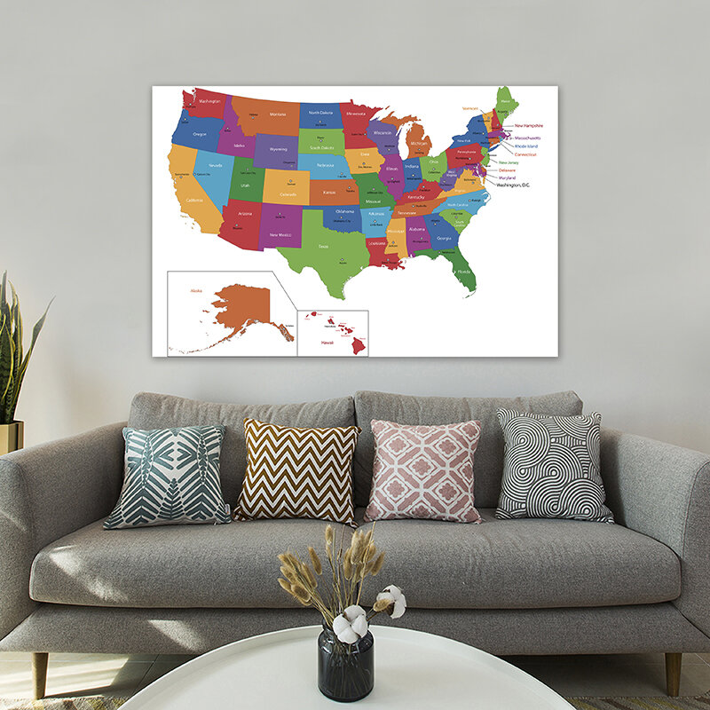 Carteles de pared con mapa de EE. UU., impresiones sin marco, lienzos, pinturas, decoración del hogar, suministros escolares para niños, 150x100cm