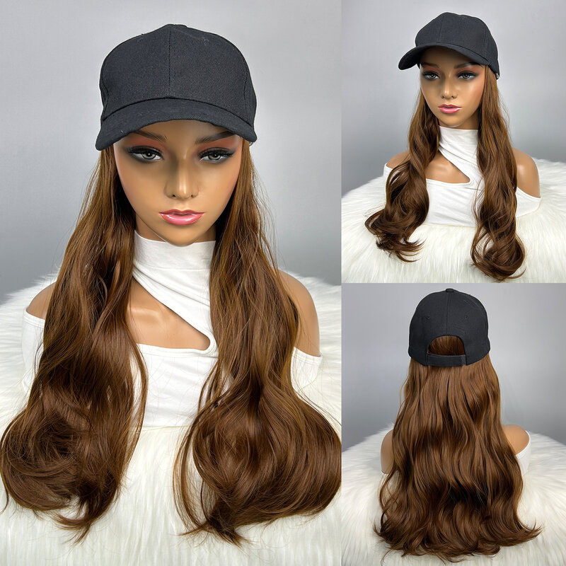 كيما-شعر مستعار مموج بموجة طبيعية مع قبعة بيسبول للنساء ، وصلة شعر اصطناعية ، لون بني ، غطاء ماء ، 20"