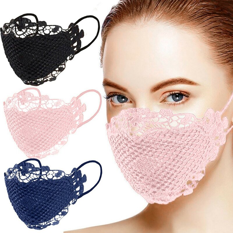 3 buah masker wajah dapat dicuci dan digunakan kembali indah penutup mulut berpori elegan wanita modis renda pelindung