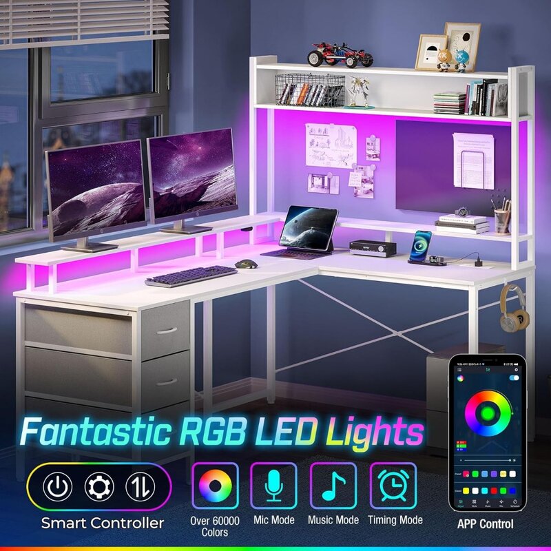 Seventable L Shaped Desk Computador com luzes LED e Power Outlet, Mesa Gaming reversível, 3 gavetas, Hutch de armazenamento, 56"