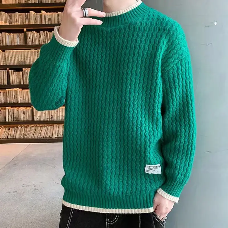 Men Half High Collar Knitwear Autumn Winter Male Fashion Fake Two Pieces Wave Pattern Sweater Casual Large Size Long Sleeve