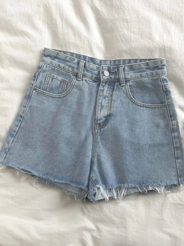 Koreanische hoch taillierte Raw Edge Denim Shorts Damen Sommer neue Basic Button Pocket Denim Shorts Street Denim Hose