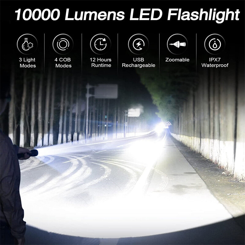 Linterna Led XHP70 recargable, luz táctica de 10000 lúmenes, resistente al agua, con zoom, 7 modos, para Camping y emergencias