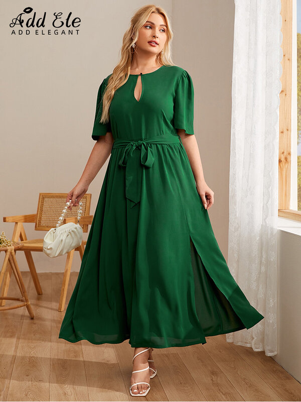 Adicionar elegante verão plus size vestido das senhoras auto-tie o pescoço oco para fora lateral fenda cintura fêmea verde sólido grandes vestidos de festa b244