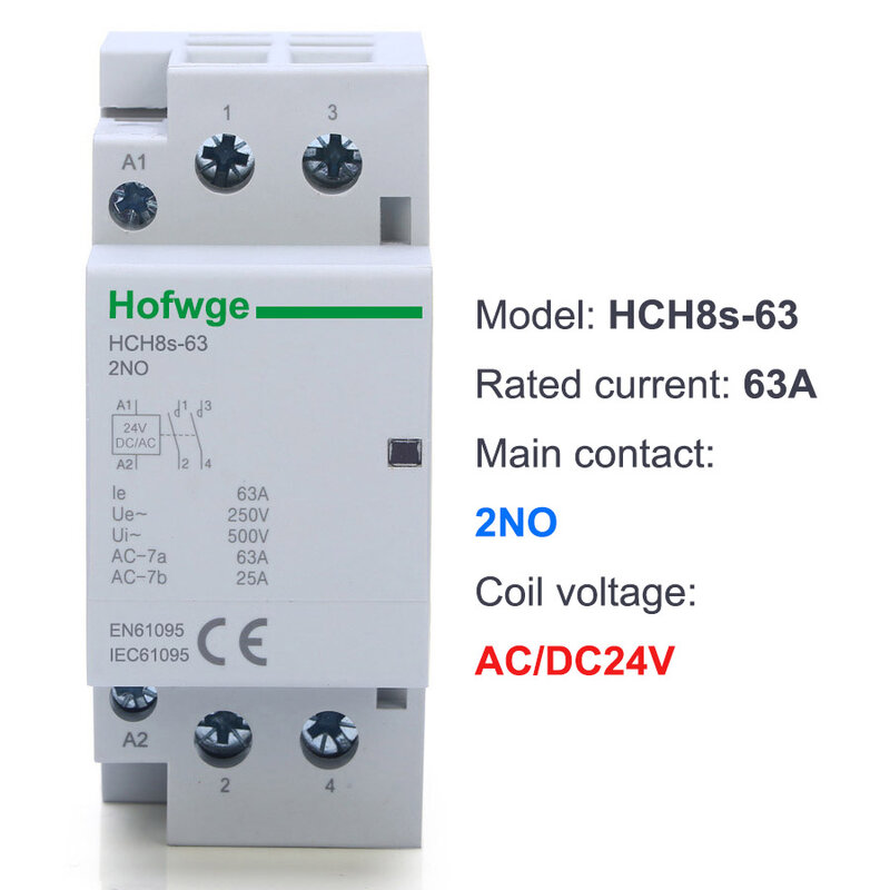 Contactor automático de corriente continua para el hogar, Contactor de corriente continua HCH8s-63 2P, 40A, 63A, 2NO, 1NO1NC, AC24V, DC24V, tipo carril Din 50Hz /60Hz