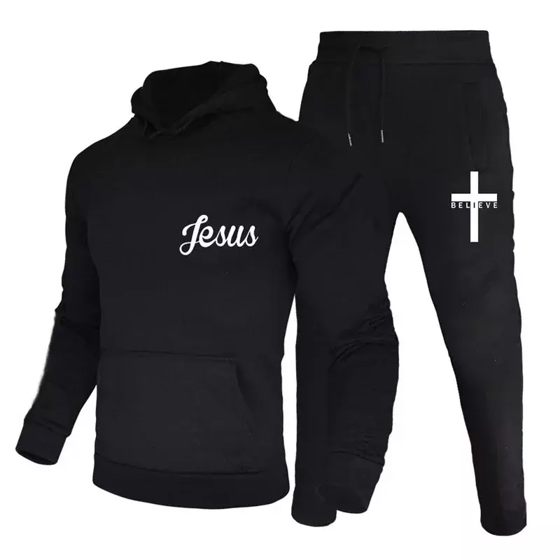 Baju olahraga pria, baju olahraga motif Yesus terbaru musim semi dan musim gugur kasual warna Solid bertudung + celana desain pria