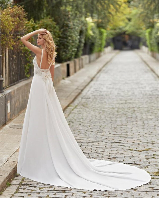 Simples apliques arco vestido de noiva romântico o pescoço sem costas vestidos de casamento em linha reta chiffion robe de mariee