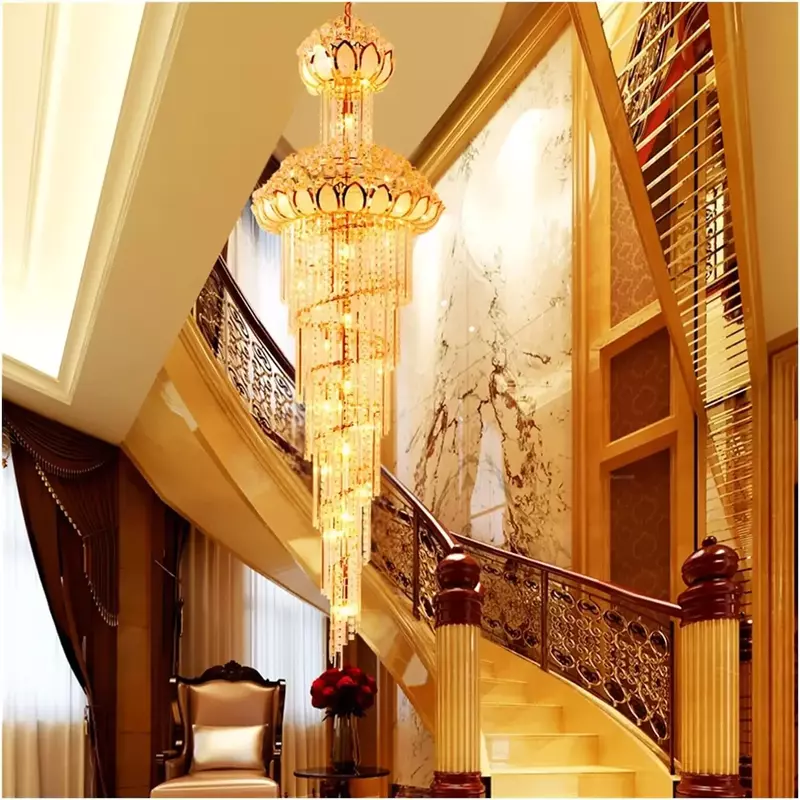 Crystal Chandeliers European-Style Crystal Duplex Floor Chandelier Atmospheric Living Room Lamp Revolving Staircase Long