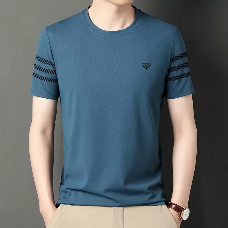 Camiseta masculina meia manga com gola redonda, solta, confortável, respirável, absorvente do suor, casual, nova, primavera e verão