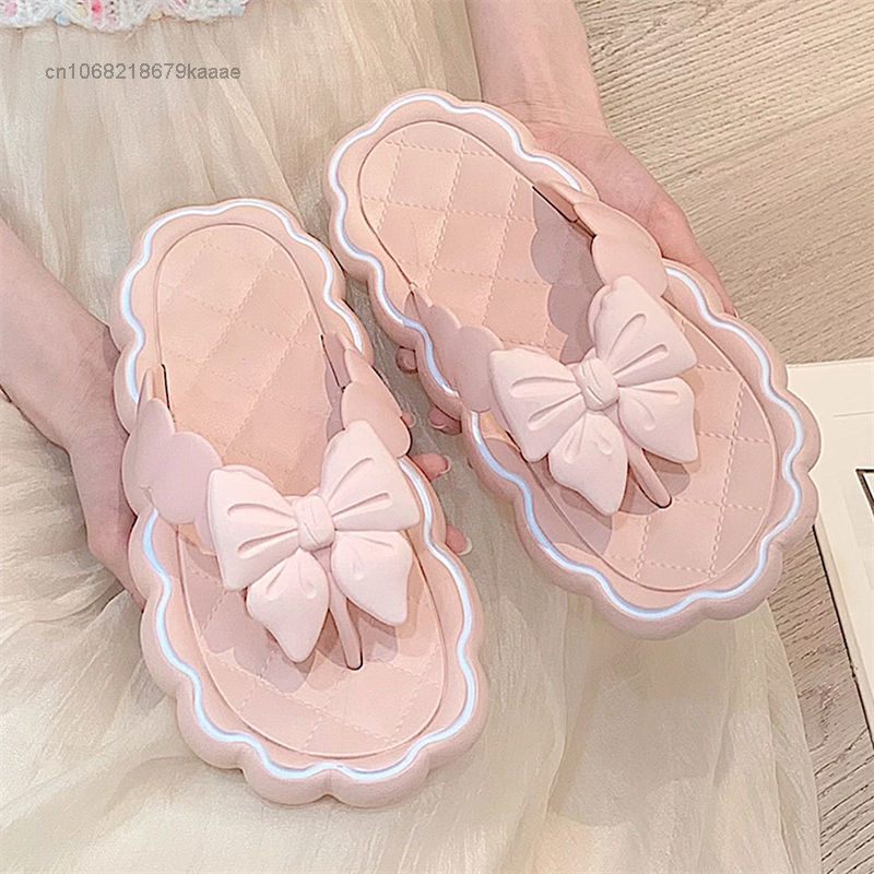 New Flip Flops Korean Sweet Style Summer Flat Shoes Women Luxury Design Bows Pink Slippers Y2k Female Soft Bottom Beach Sandals