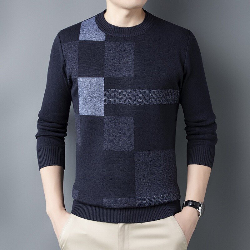 Suéter de manga larga con estampado a cuadros para hombre, Jersey versátil de punto con cuello redondo, informal, a la moda, novedad de 2023
