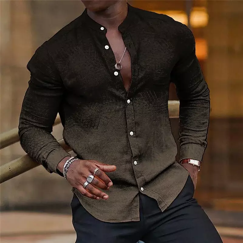 2023 gray shirt men's Hawaiian shirt collar long sleeve pattern printed buttons casual shirt club party beach street 6XL