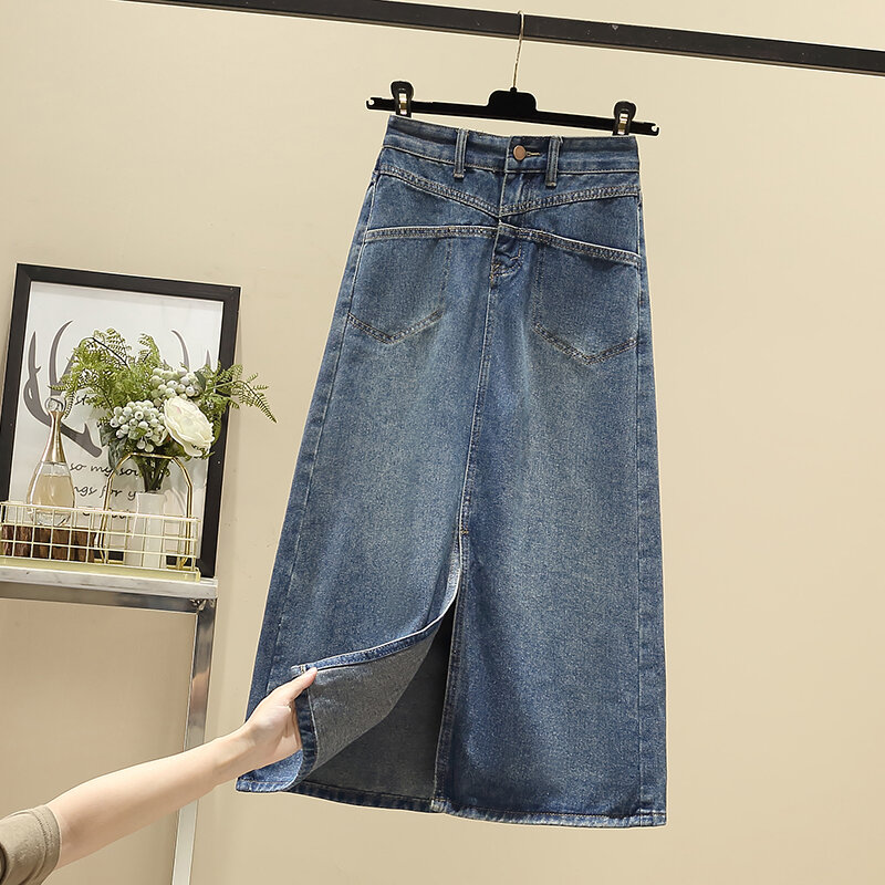 Женская джинсовая юбка с высокой талией, однотонная длинная трапециевидная юбка с разрезом, модель K01 на лето, 2024
