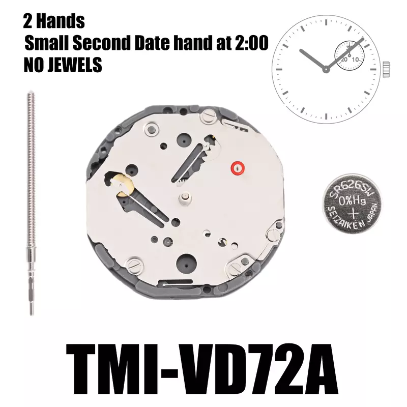 Движение VD72 Tmi VD72 движение 2 руки многоглазное движение маленькая секундная Дата рука на 2:00 Размер: 10 шт. Высота: 3,45 мм