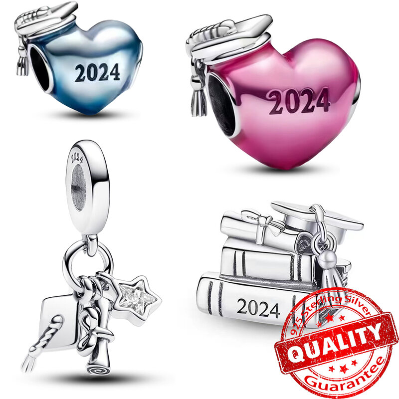 Real 925 Sterling Silver 2024 Pink & Blue Enamel Heart Graduation Triple Dangle Charm Bachelor Cap Beads Fit Pandora Bracelet